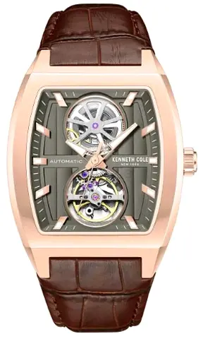 Kenneth Cole Automatic Skeleton Rose Gold Mens Watch with Brown Leather Strap