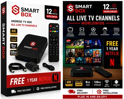 Smart Box Android TV Media Streamer with 1 Year Netflix - 4K, 8GB RAM, 128GB Storage