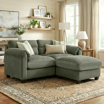 Green ribbed fabric sectional L shaped couch