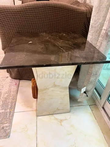 Marble Top Side Table with Pedestal Base — Black/Beige