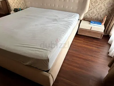 King size upholstered bed frame with headboard (beige) (without mattress) - good condition