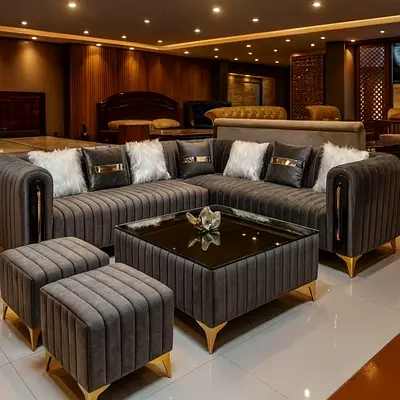 Gray Velvet L-shaped Sofa Set with Ottoman and Coffee Table