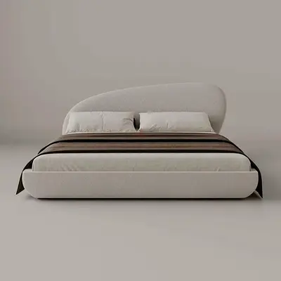 Modern Curved Upholstered Queen Bed - Cream Fabric