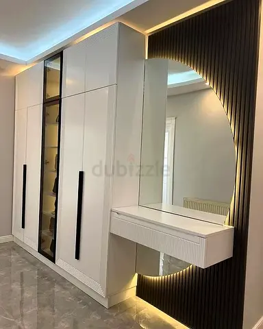 Modern White Built-in Wardrobe with Vanity and Backlit Mirror