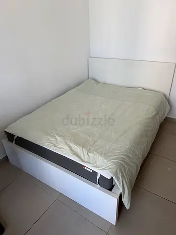 White ikea platform Queen Size double bed frame with mattress - good condition