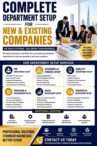 Complete Department Setup  Business System Development for New  Existing Companies – UAE
