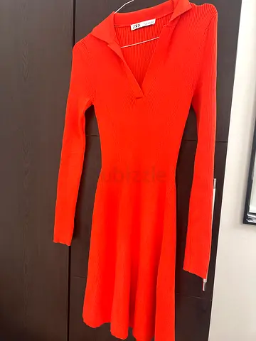 Orange ribbed long-sleeve knit dress