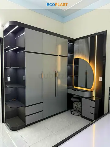 Modern L-shaped Wardrobe with Vanity and LED Lighting
