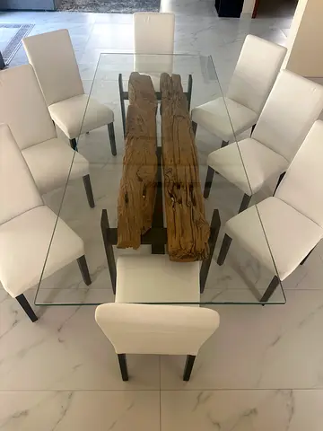 Glass Top Dining Table with Driftwood Base and 8 White Chairs ( Home Marina)