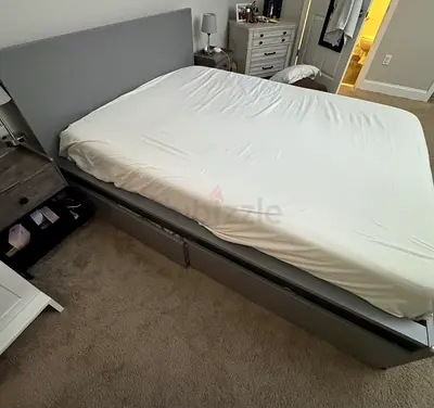 Ikea Grey Upholstered Storage Bed Frame with Drawers - Queen Size
