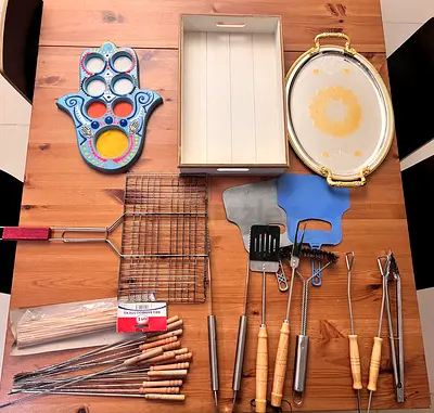 Assorted kitchen  BBQ accessories bundle — trays, skewers, grills, utensils