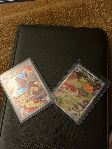 Two Sleeved Collectible Trading Cards (Pokémon-style) - Good Condition