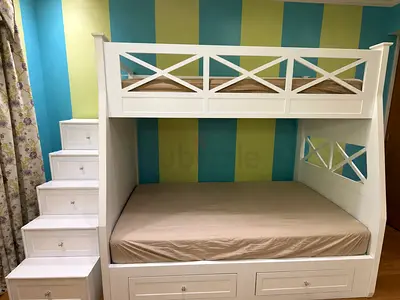 White Wooden Bunk Bed with Storage Drawers and Stairs - Double Lower, Single Upper - negotiable