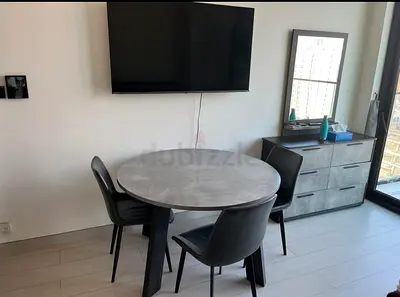 Round dining table with 3 chairs and matching dresser - modern grey set