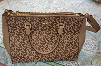 Beige DKNY Patterned Tote Bag with Double Zip — Excellent Condition