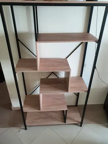 Modern Open Shelf Bookcase with Wood Panels and Black Metal Frame