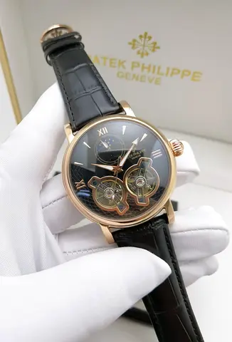 Mens Patek Philippe Style Dual Tourbillon Automatic Master Copy Watch Rose Gold Case, Black Leather