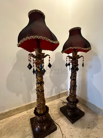 Pair of vintage ornate floor lamps with dark red fabric shades