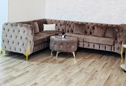 L-shaped tufted velvet corner sofa with ottoman - beige/brown