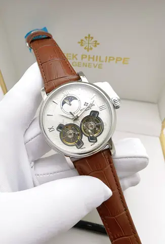 Patek Philippe-style Men’s Mechanical Master Watch with Moonphase and Dual Tourbillon (Brown Leather