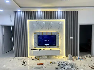 Minimalist Grey Fluted  Marble TV Unit