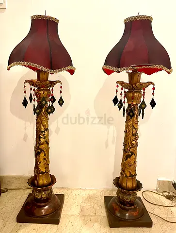 Pair of vintage ornate floor lamps with dark red fabric shades