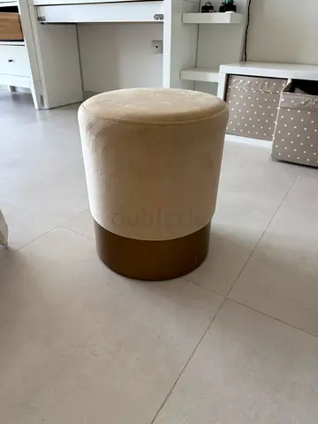 Beige Round Velvet Ottoman Pouf with Gold Base