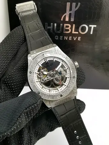 Hublot Skeleton Engraved Automatic Master Copy Watch - Black Leather Strap