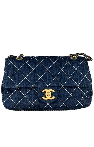 Denim Quilted Shoulder Bag with Gold CC Turnlock