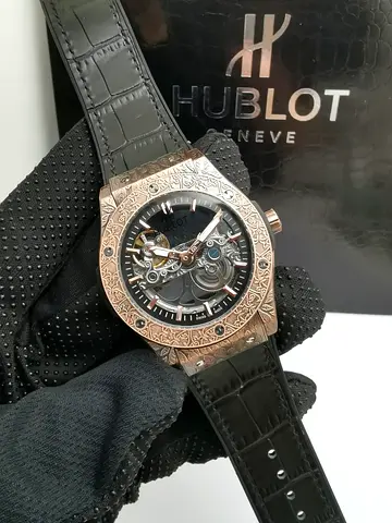 Hublot-style Skeleton Mechanical Master Copy Watch with Engraved Rose Gold Case