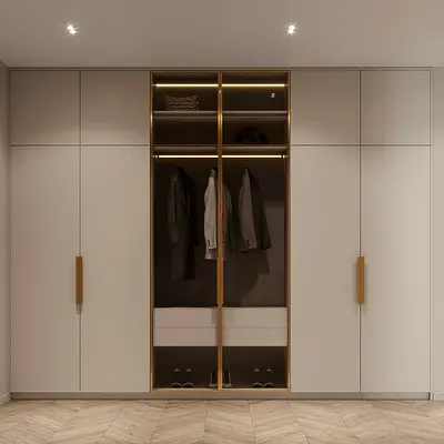 Built-in Modern Wardrobe with Glass Center Panels and LED Lighting