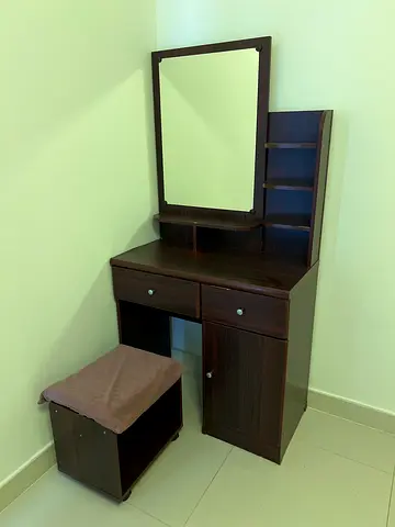 Wooden Dressing Table with Mirror and Stool - Dark Brown