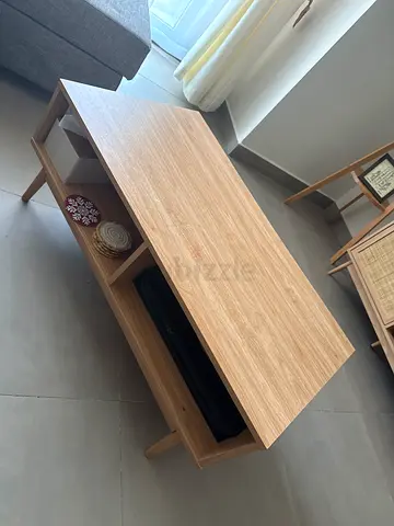 Light Oak Mid-Century Modern Coffee Table with Open Shelves
