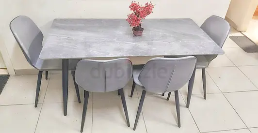 Sleek Modern 4-Seater Dining Set | Grey Marble Top  Upholstered Chairs