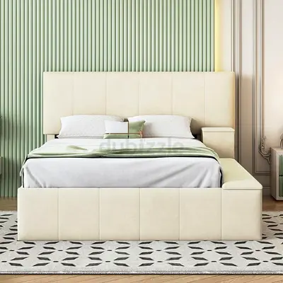 Upholstered King Bed with Headboard and Integrated Side Storage - Cream