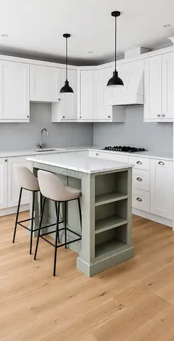 Compact kitchen island with built-in shelving