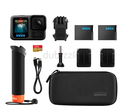 GoPro HERO 13 action camera bundle with accessories (batteries, mounts, case)