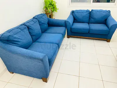 Blue Fabric Sofa Set - 3-Seater and 2-Seater in Good Condition