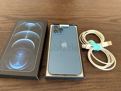 iPhone 12 pro Max 256GB Pacific Blue with two Apple original lighting cables.