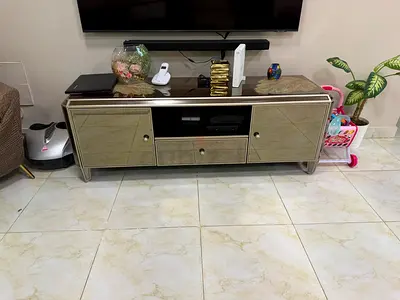 Mirrored TV Console / Entertainment Unit - 3 Drawers, Glass Top