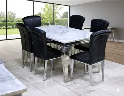 6-Seater Marble Top Dining Table with Chairs - Stainless Legs