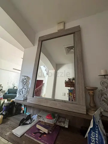 Wooden Framed Wall Mirror with Shelf - Light Grey Finish