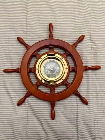 Decorative Wooden Ship Wheel Wall Clock with Brass Porthole