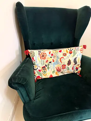 Comfortable Deep Green Velvet Wingback Armchair with Cushion