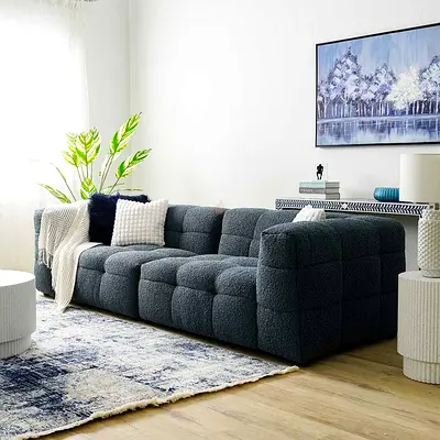 Dark blue boucle fabric extra soft 4 seater sectional sofa
