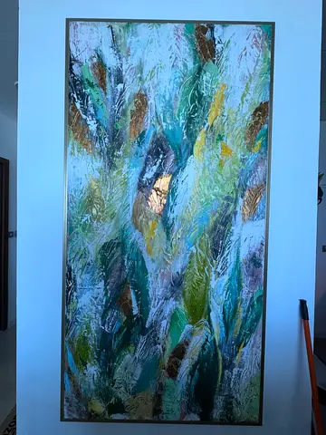 Abstract textured landscape painting in muted tones (framed)  183 x 93.5 x 4.5cm