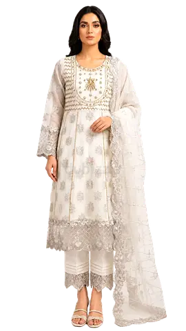White Embroidered Pakistani/Indian Salwar Kameez with Dupatta - Size L