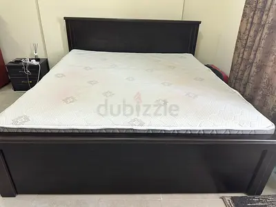 Dark Wood Double Bed Frame with Mattress - Good Condition