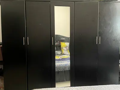Large Black 5-Door Wardrobe with Center Mirror — Good Condition