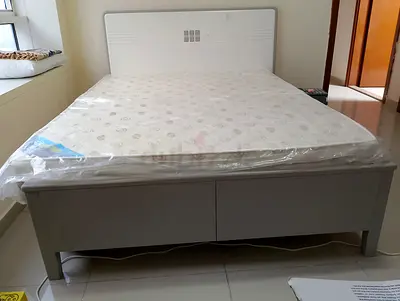 White Wooden Queen Bed with Mattress - Good Condition
